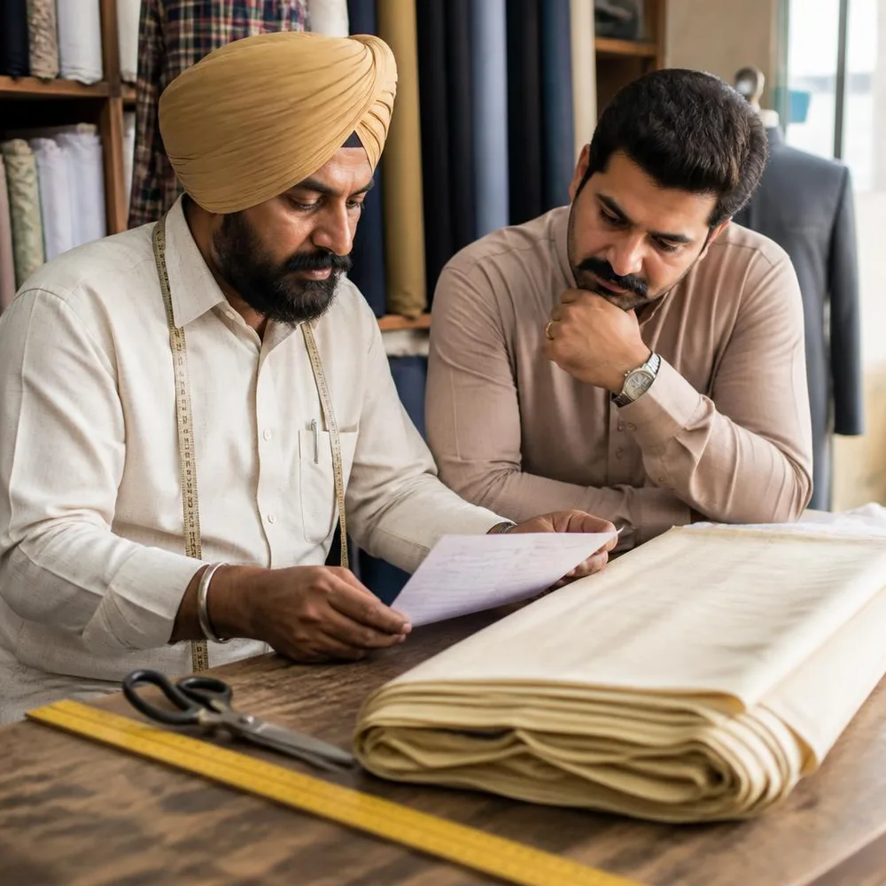 A Punjabi tailor and customer review a written estimate beside folded kurta fabric.
