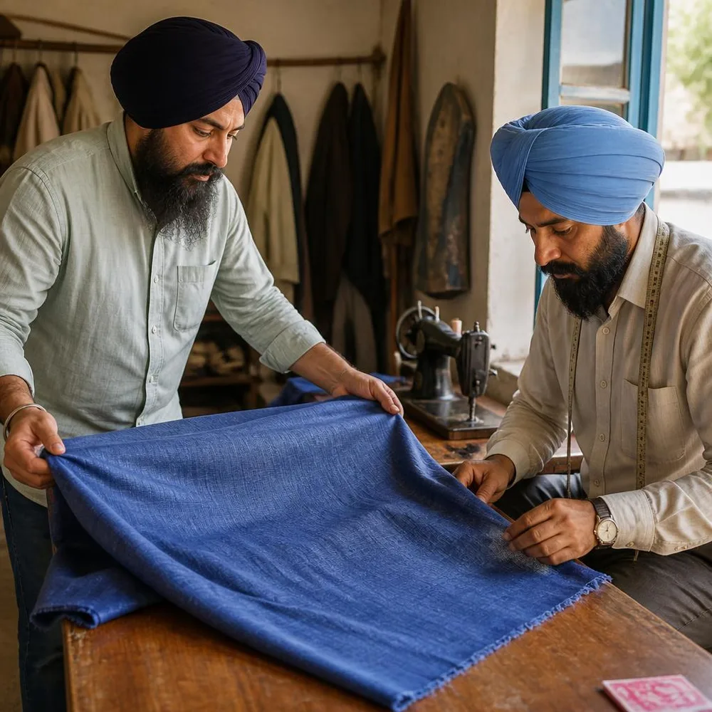 A customer and tailor examine a length of blue fabric on a cutting table.