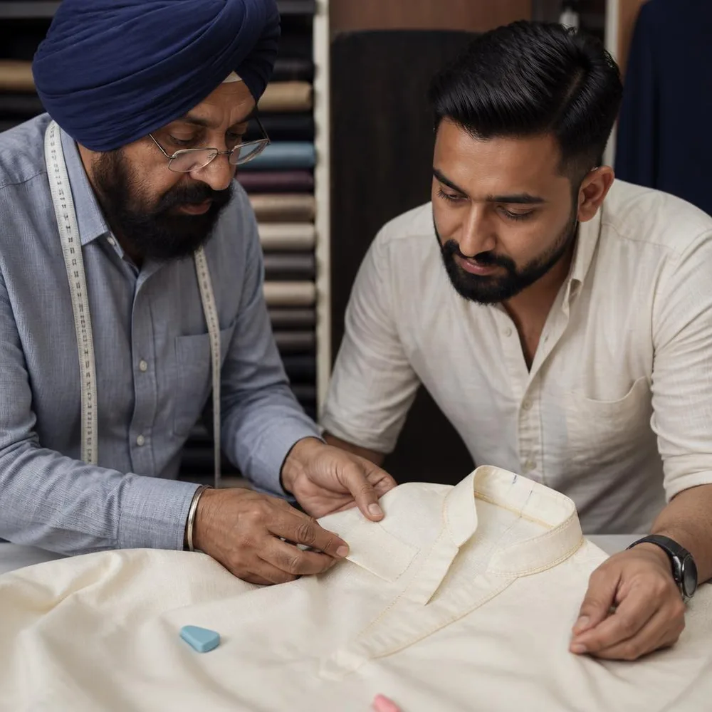 A tailor and customer review the placement of a small trim on a kurta before stitching.