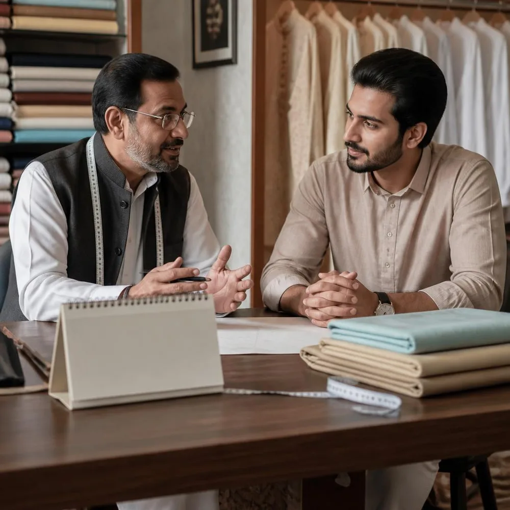 A tailor and customer discuss a kurta order beside a calendar and folded fabric.