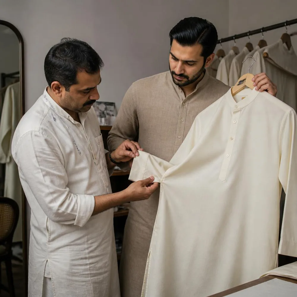 A tailor and customer inspect the cuff and seam of a finished Punjabi kurta.