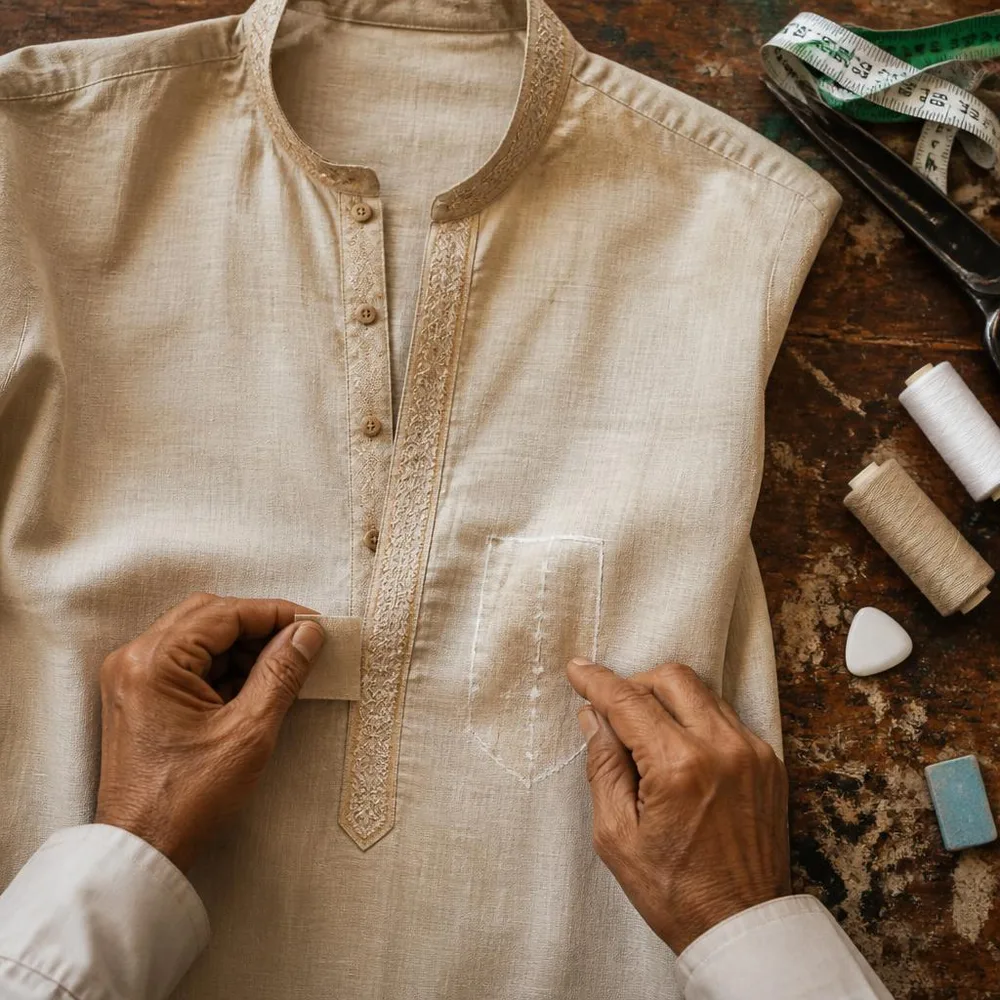 A tailor examines a worn kurta seam with chalk and thread on a worktable.