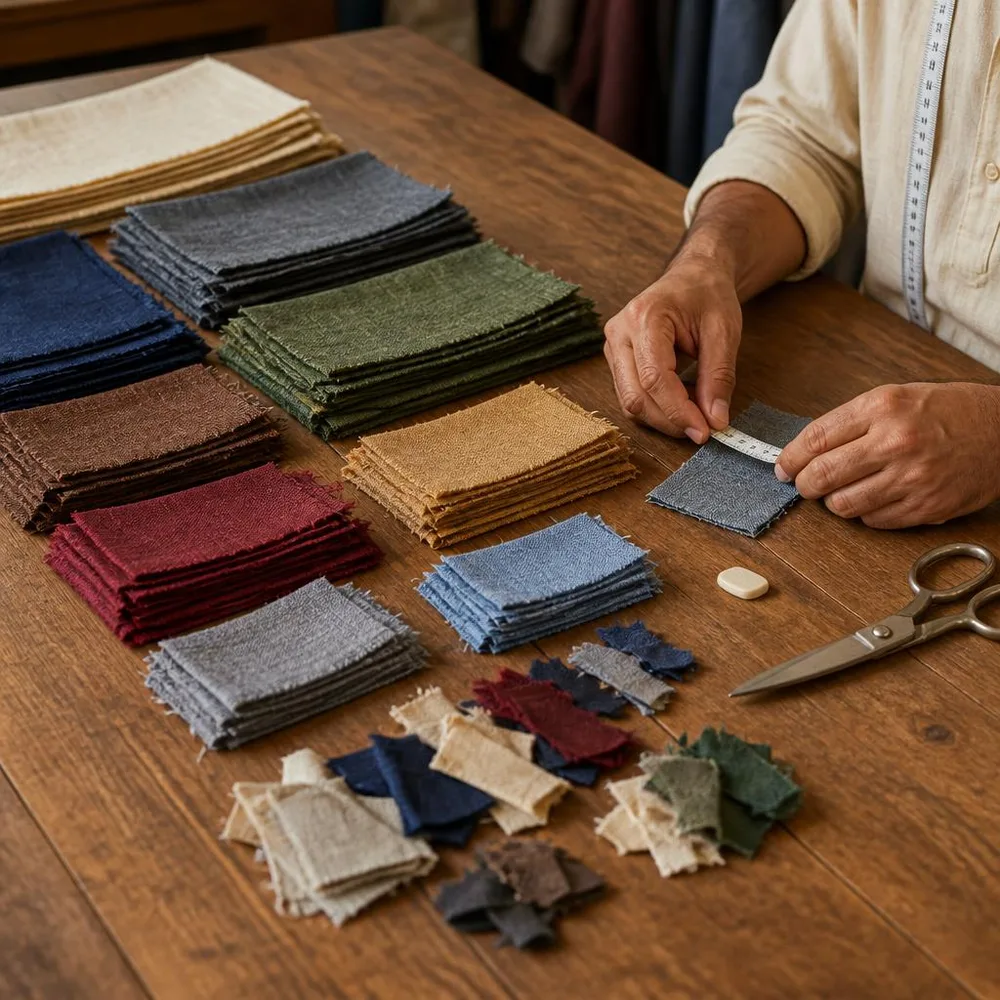 Small fabric offcuts are measured and sorted on a Punjabi tailoring worktable.