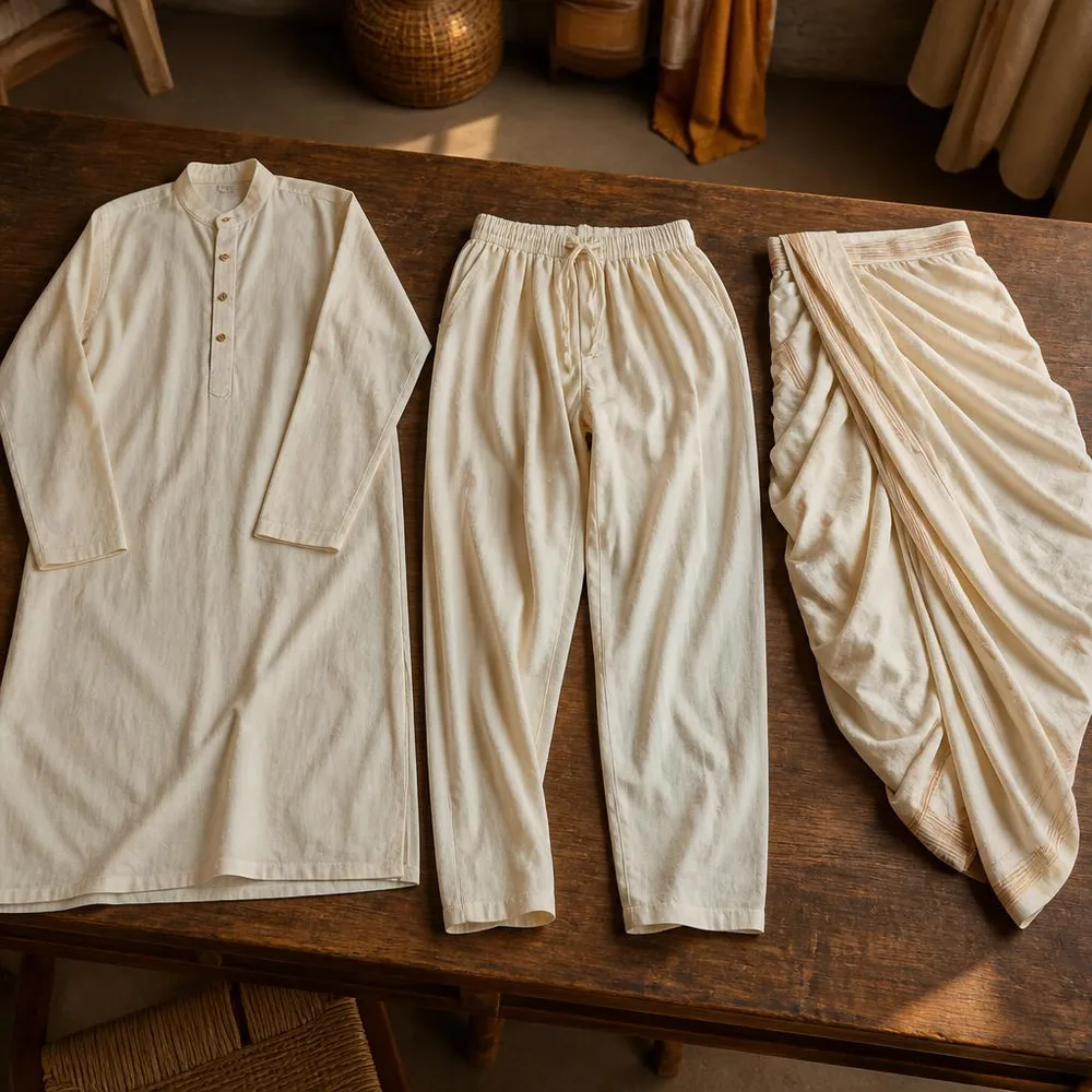 A kurta, pajama, and wrapped lower garment arranged to show their different shapes.