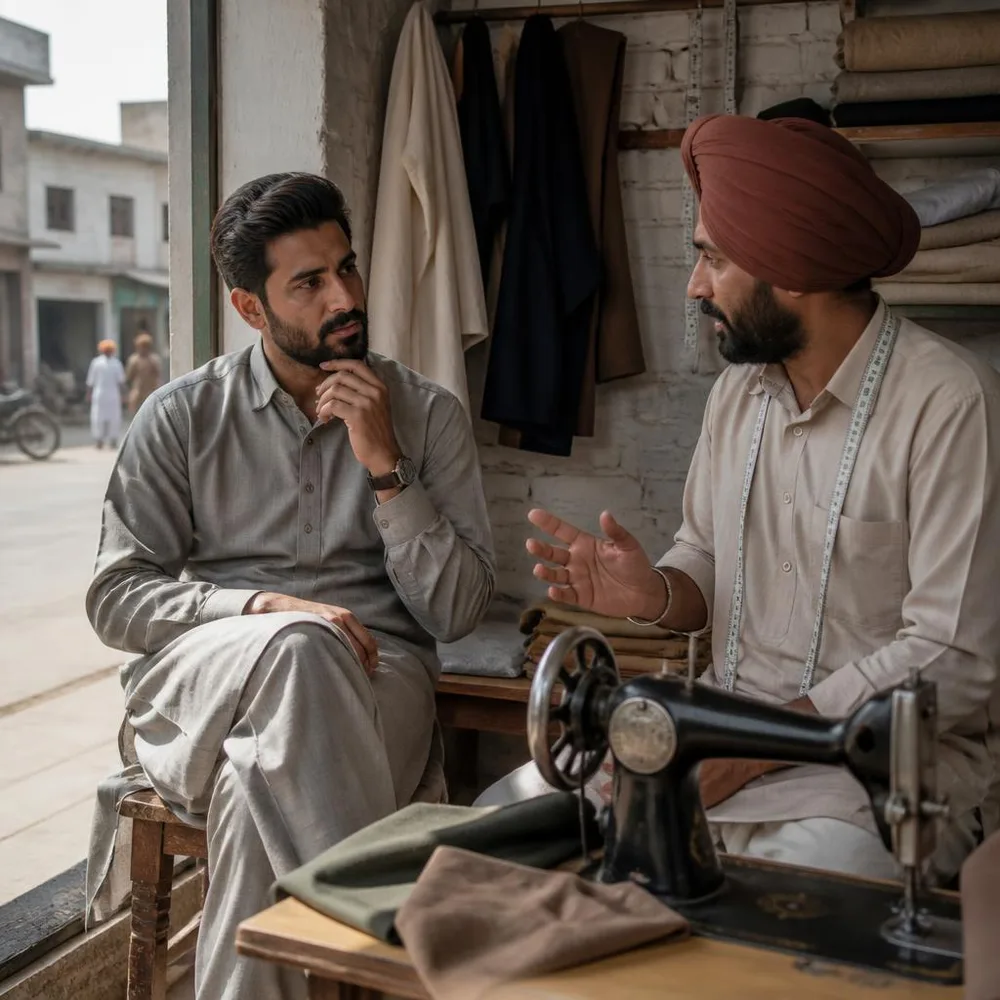 A Punjabi man and tailor talk in a workshop with a local street beyond the doorway.