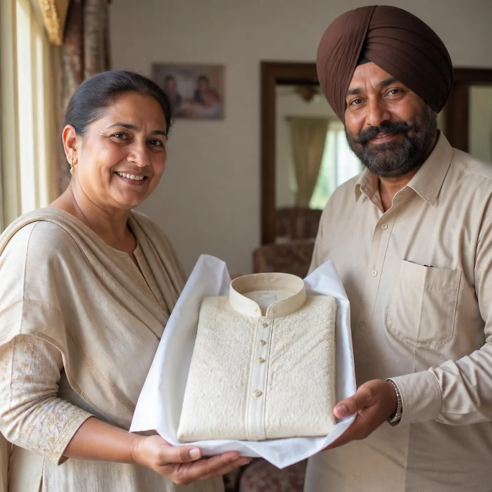 A family member gives a neatly folded Punjabi kurta as a personal gift.