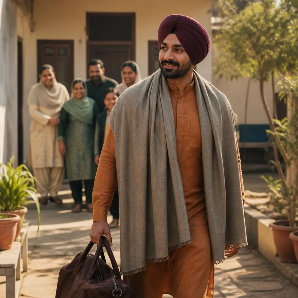A man in a kurta pajama and shawl arrives for a winter family visit.