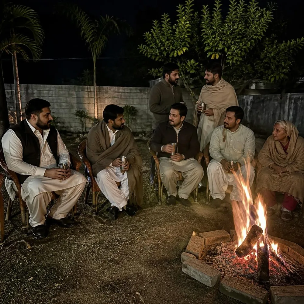 Punjabi family members in kurta pajamas gather outdoors on a winter evening.