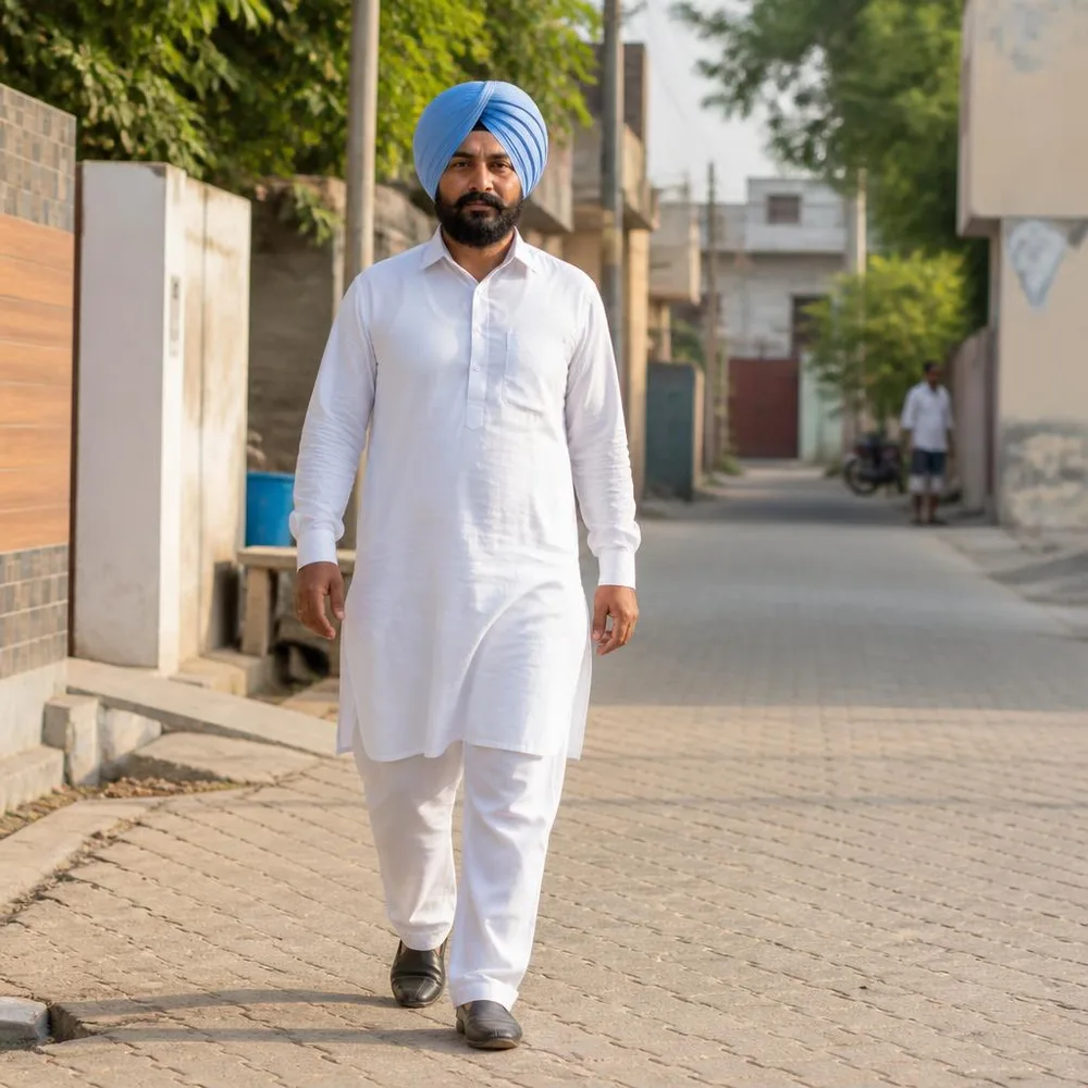 A man in a simple white kurta pajama walks through a quiet neighborhood in morning light.
