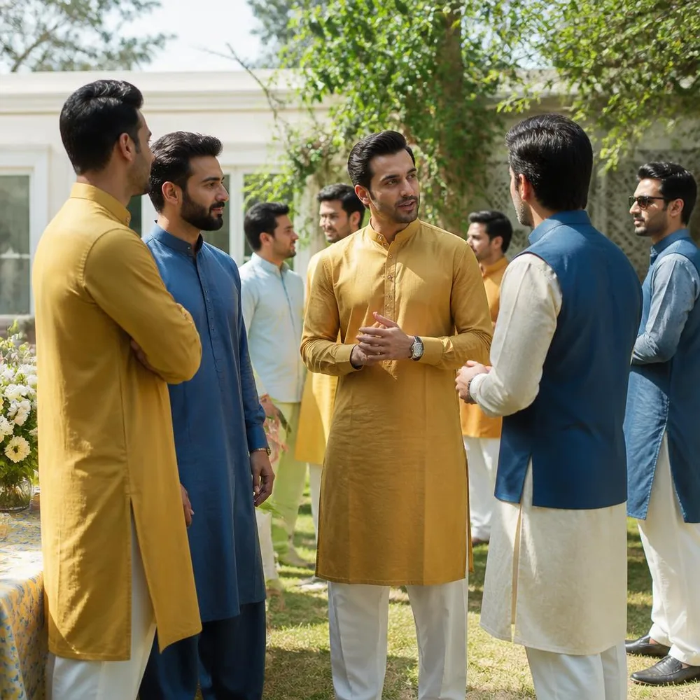 Men in understated Punjabi kurta pajamas share a spring family gathering outdoors.