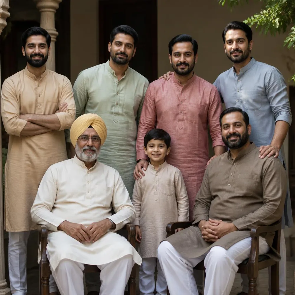 Three generations of a Punjabi family wear complementary, non-matching kurta pajamas.