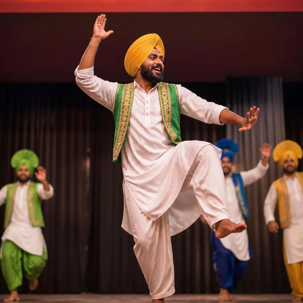 A bhangra performer in a kurta pajama moves across a small community stage.