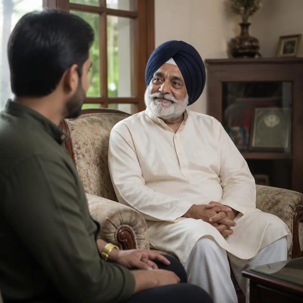 An older man in a kurta pajama sits comfortably at home with a family member.