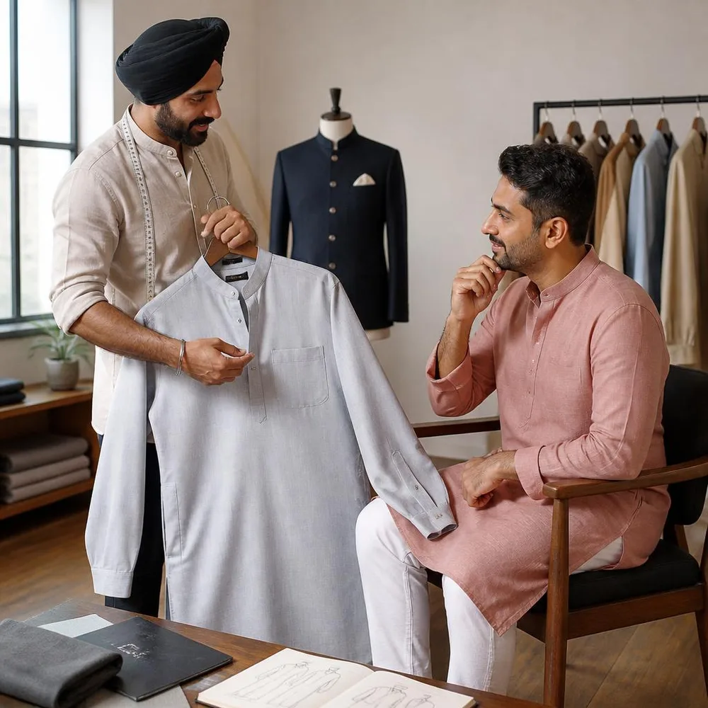 A tailor discusses kurta fit and closure options with a seated customer.
