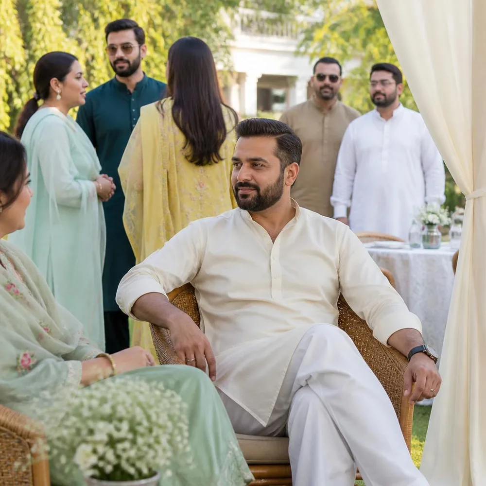 A man in Punjabi menswear sits comfortably at an outdoor family gathering.