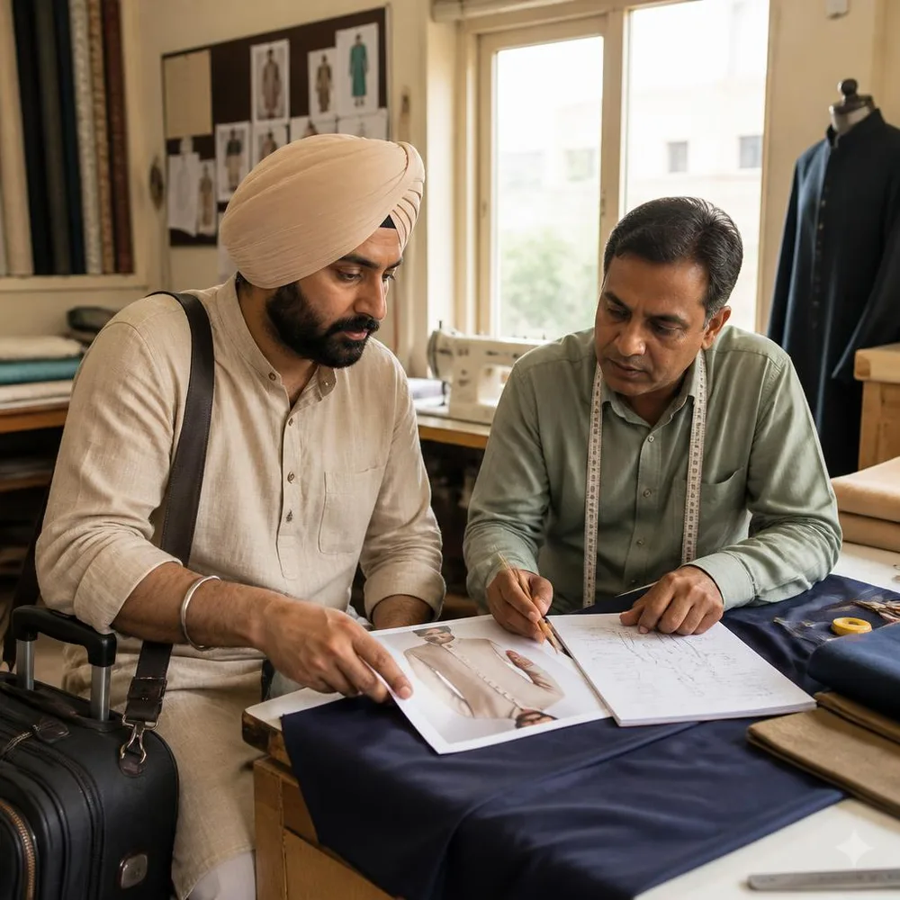A visitor and tailor review garment references and travel notes in a workshop.
