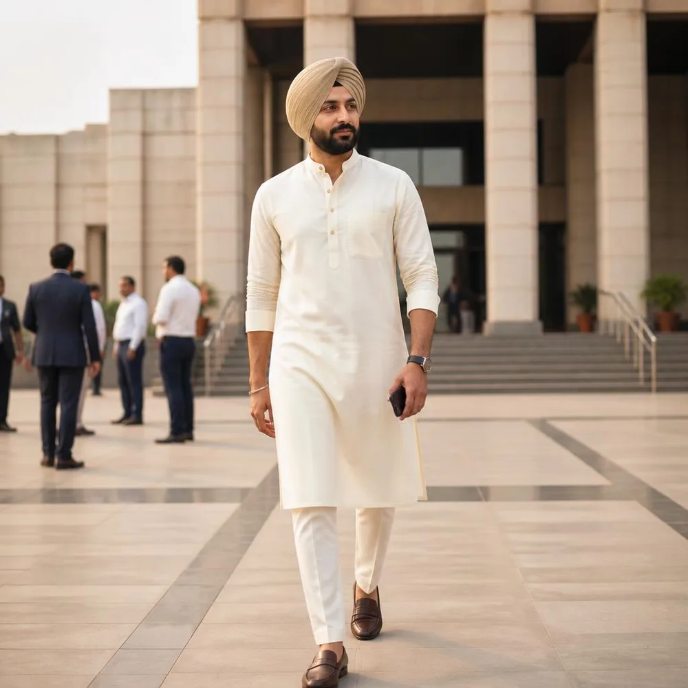 A man in a refined Punjabi kurta arrives at a formal civic hall.